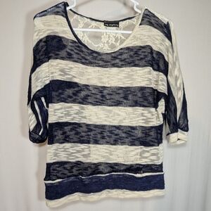 Navy White Striped Shirt Knit Cream Lace 3/4 Sleeve Y2K Blouse Top Ivory
